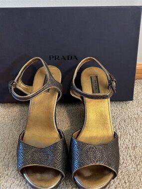 Prada Bronze Metallic Open-Toe Ankle Strap Heels